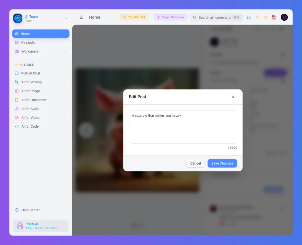 Social media interface displaying an 'Edit Post' pop-up with a text entry field.